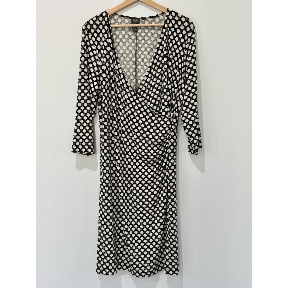 Chicos Travelers Faux Wrap Dress Women 12 Black White Slinky Knit Travel Capsule